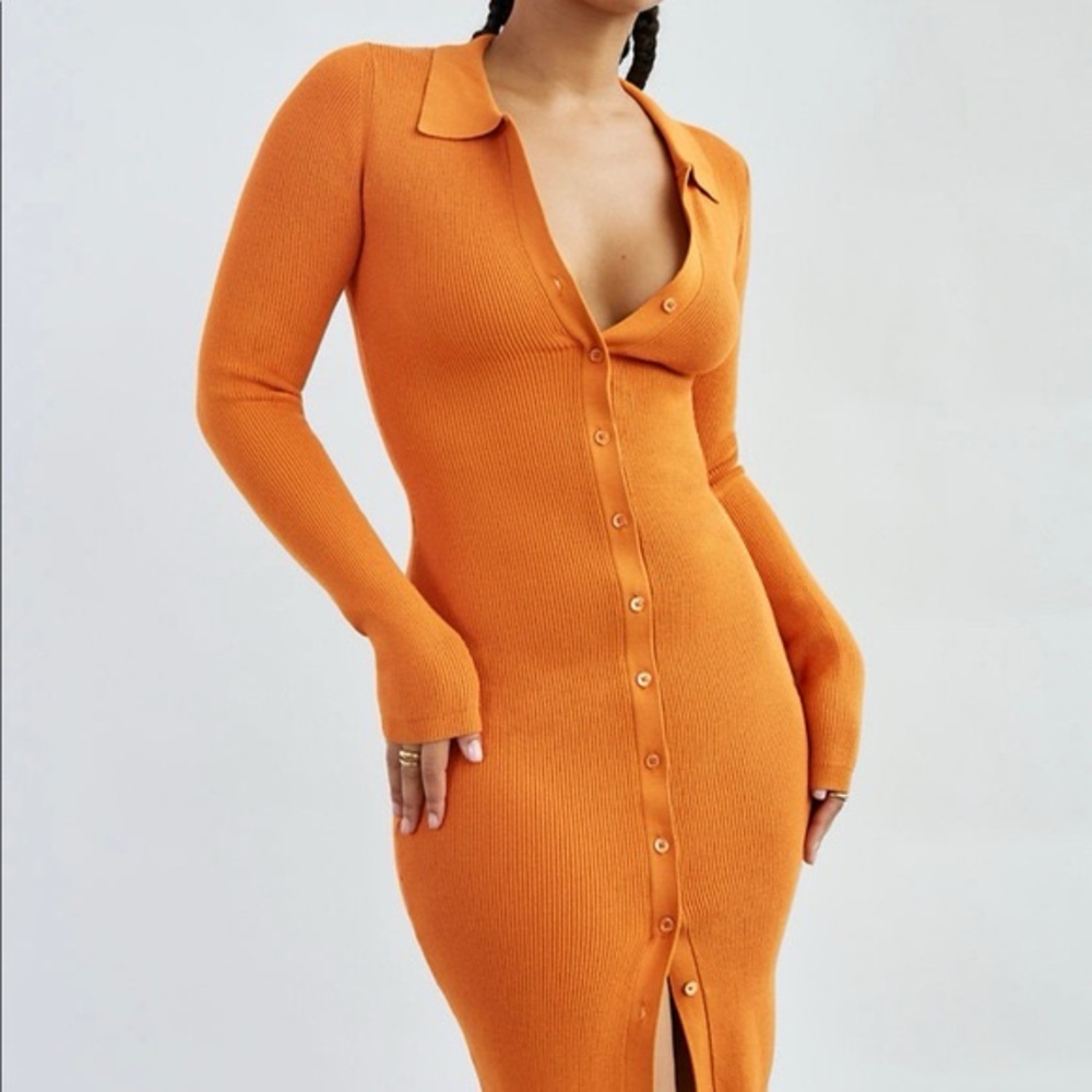 Aritzia Wilfred Free Button-Up Knit Bodycon Midi Dress Orange S